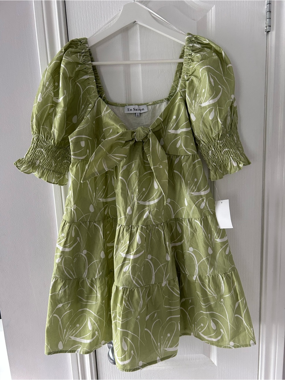 NWT En Saison Cotton Green Puff-Sleeve Tiered Dress Ladies S